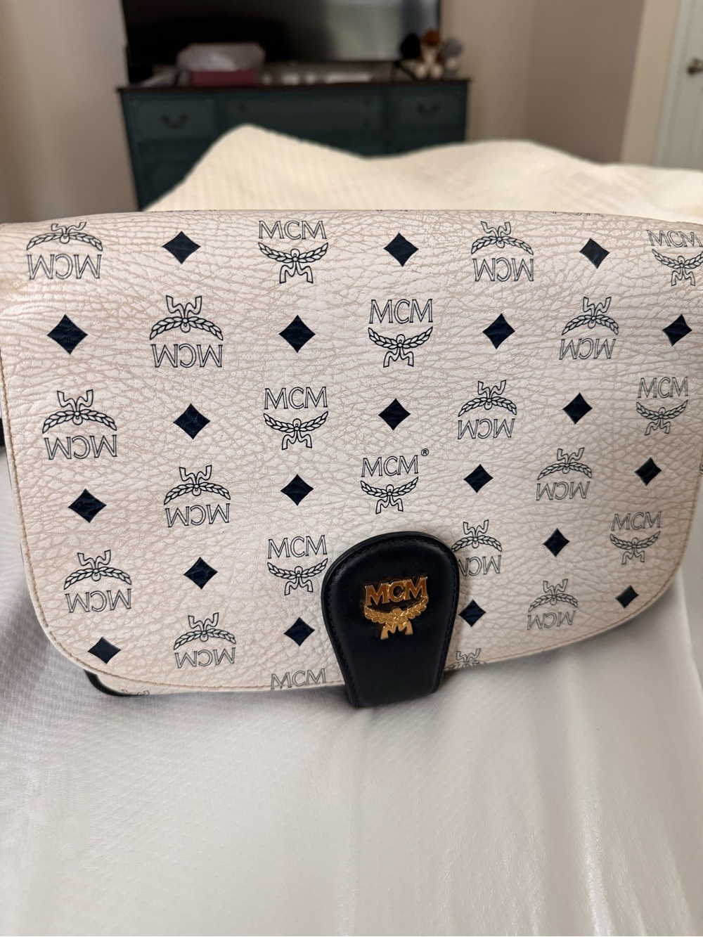 Vintage MCM White and Black Visetos Crossbody Bag